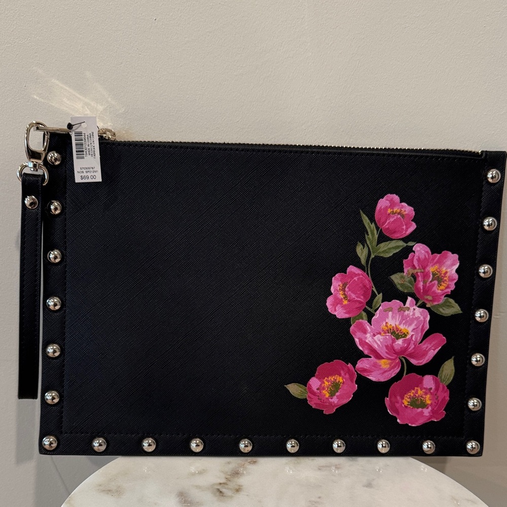 White House Black Market Black Studded Clutch with Pink Floral Design